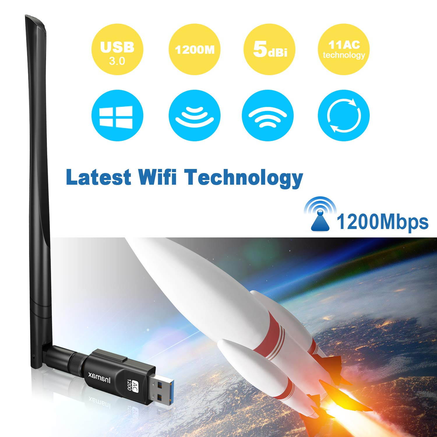 High Performance USB WiFi Adapter 1200Mbps, USB 3.0 Wireless Network WiFi Dongle with 5dBi Antenna for Desktop Laptop PC Mac,Dual Band 2.4G/5G 802.11ac,Support Windows 10/8/8.1/7/Vista/XP, Mac OS