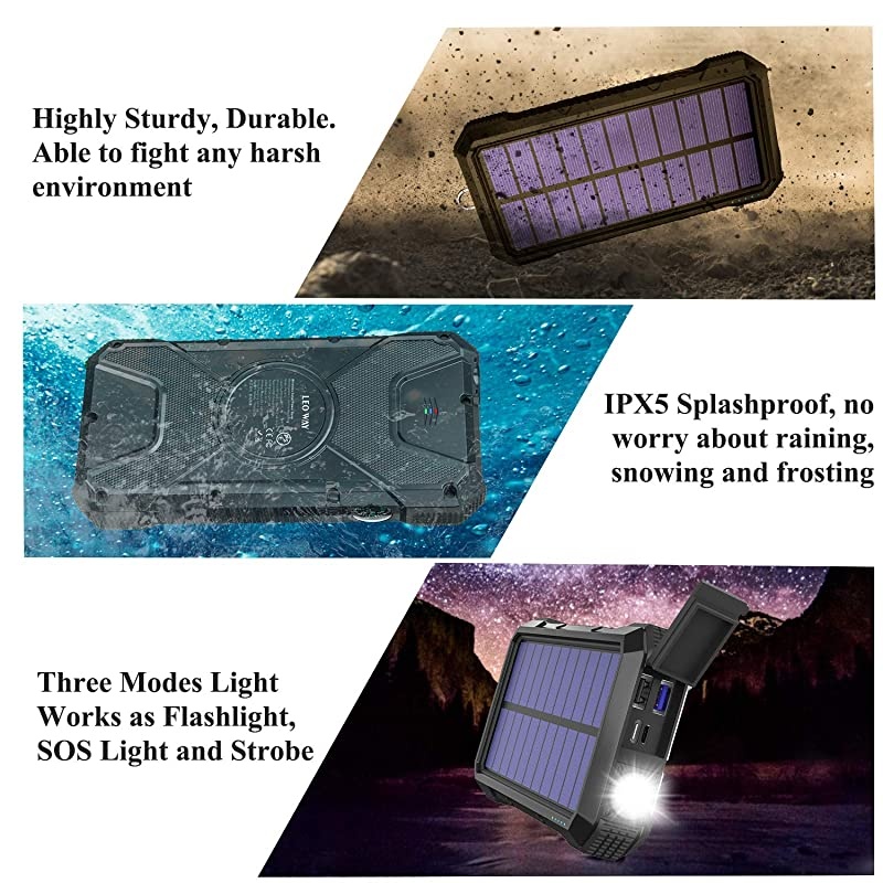 Charger Power Bank Portable Fast Charger 18W QC30 PD Qi Wireless Charging10W75W5W with 4 Outputs Dual Inputs 20000mAh IPX5Waterproof Shockproof Dustproof Black