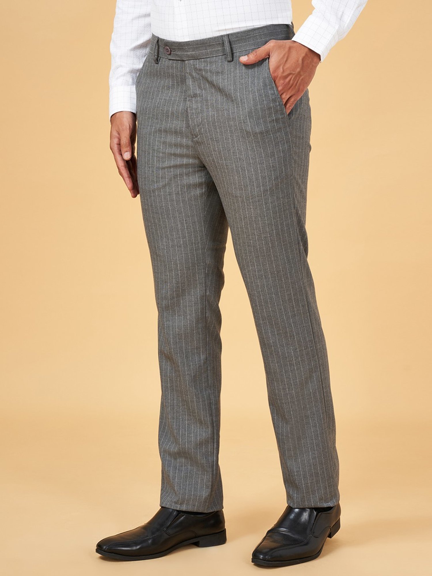 Byford by Pantaloons Grey Melange Slim Fit Striped Trousers