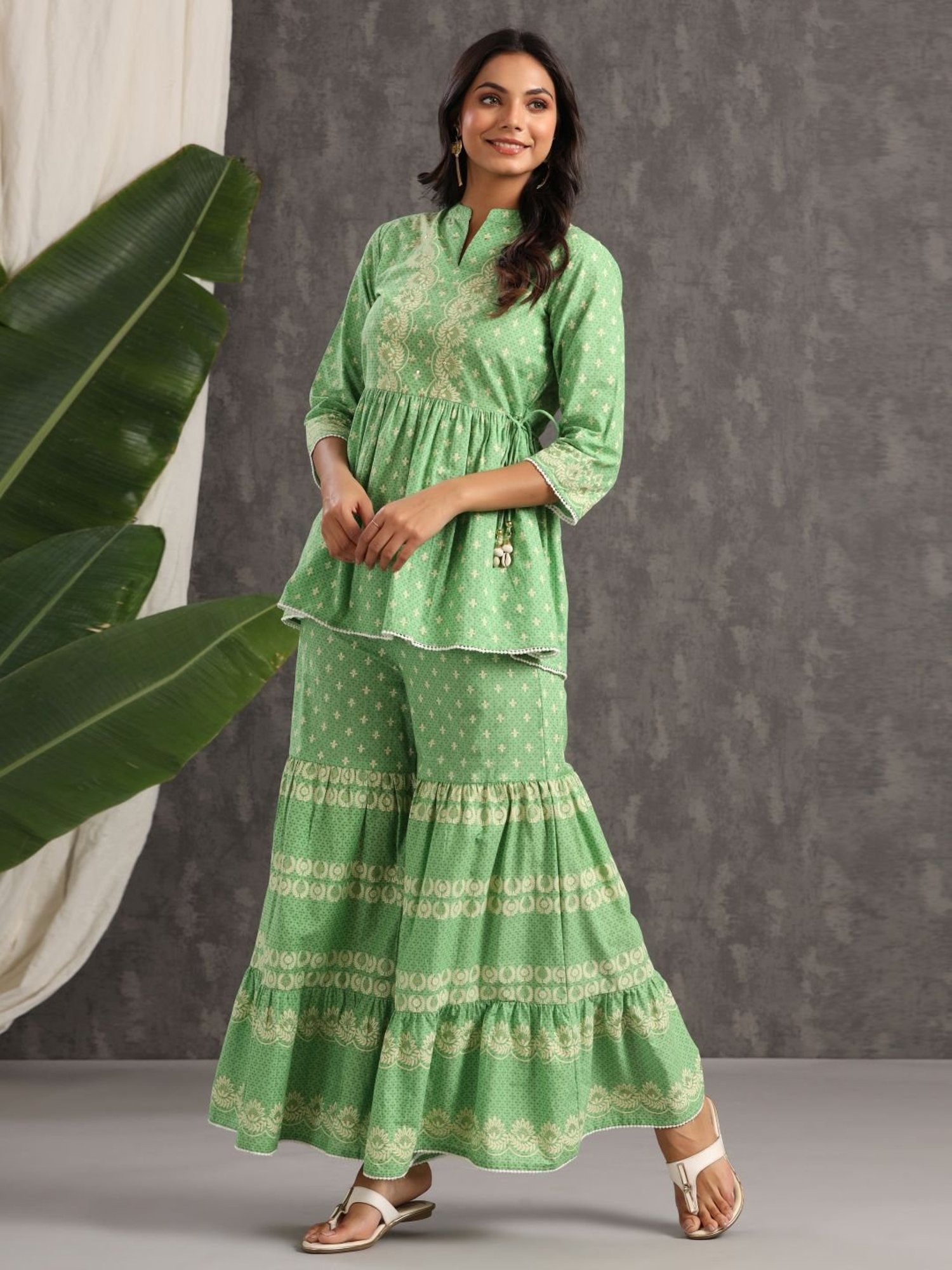 Juniper Green Ethnic Motif Printed Pure Cotton Tunic & Sharara With Sequins & Lace Detail