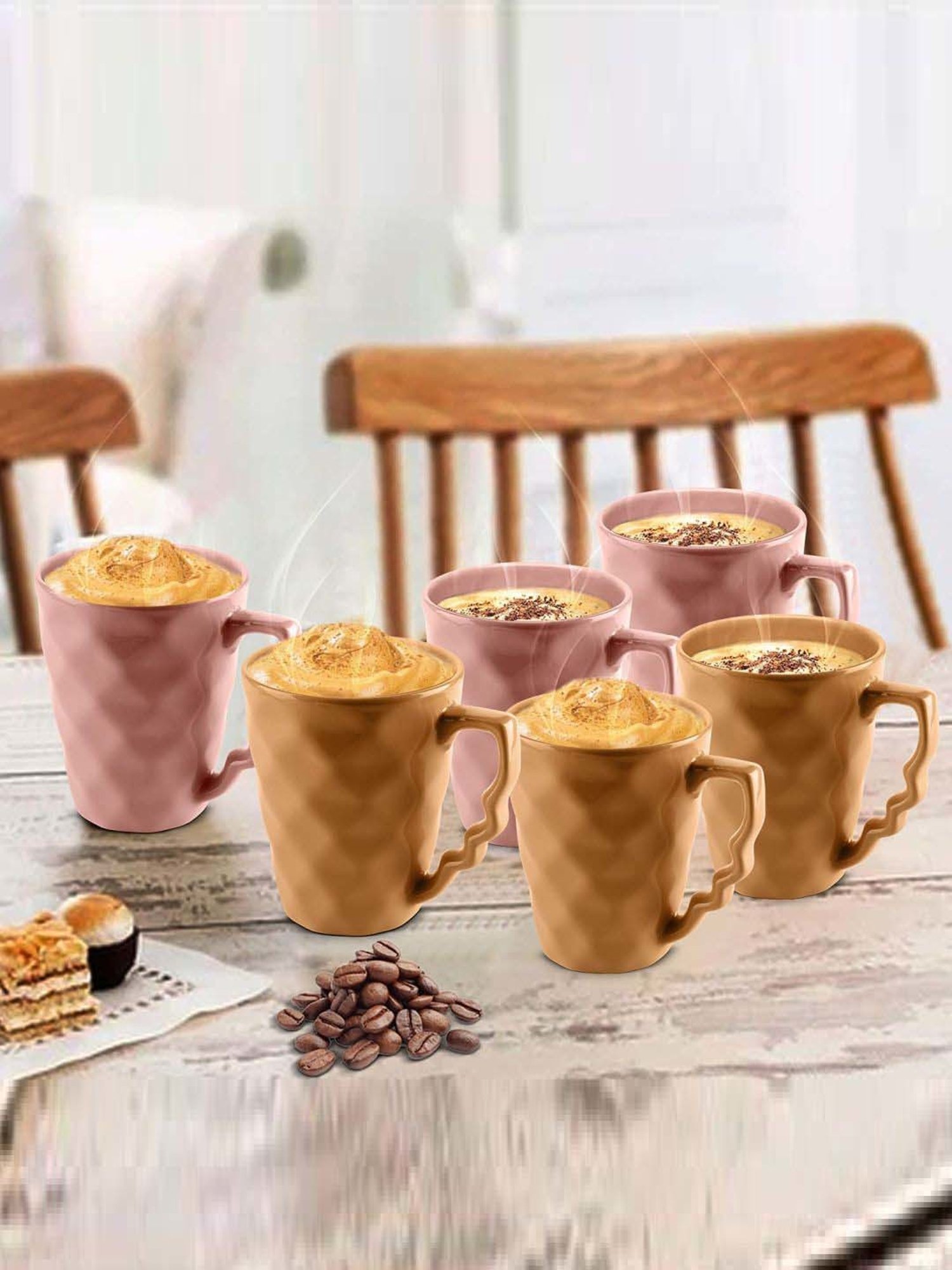 Urban Chef Pink & Brown Ceramic Microwave Safe Coffee Mug (0.225 L) - Set of 6