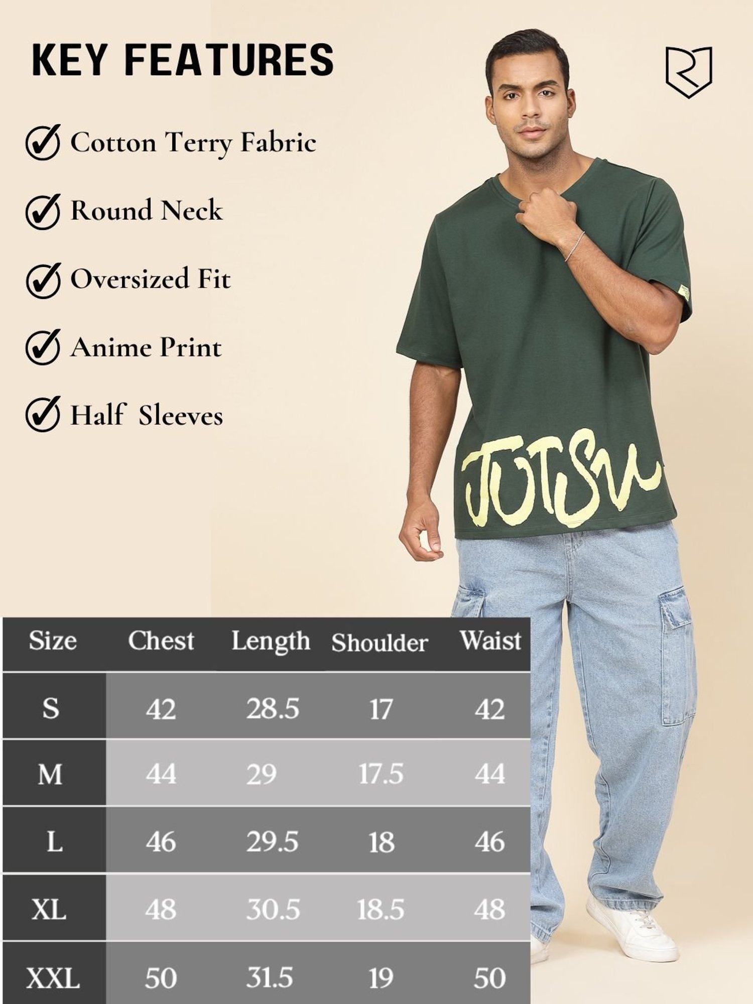 Rigo Bottle Green Cotton Loose Fit Typography T-Shirt