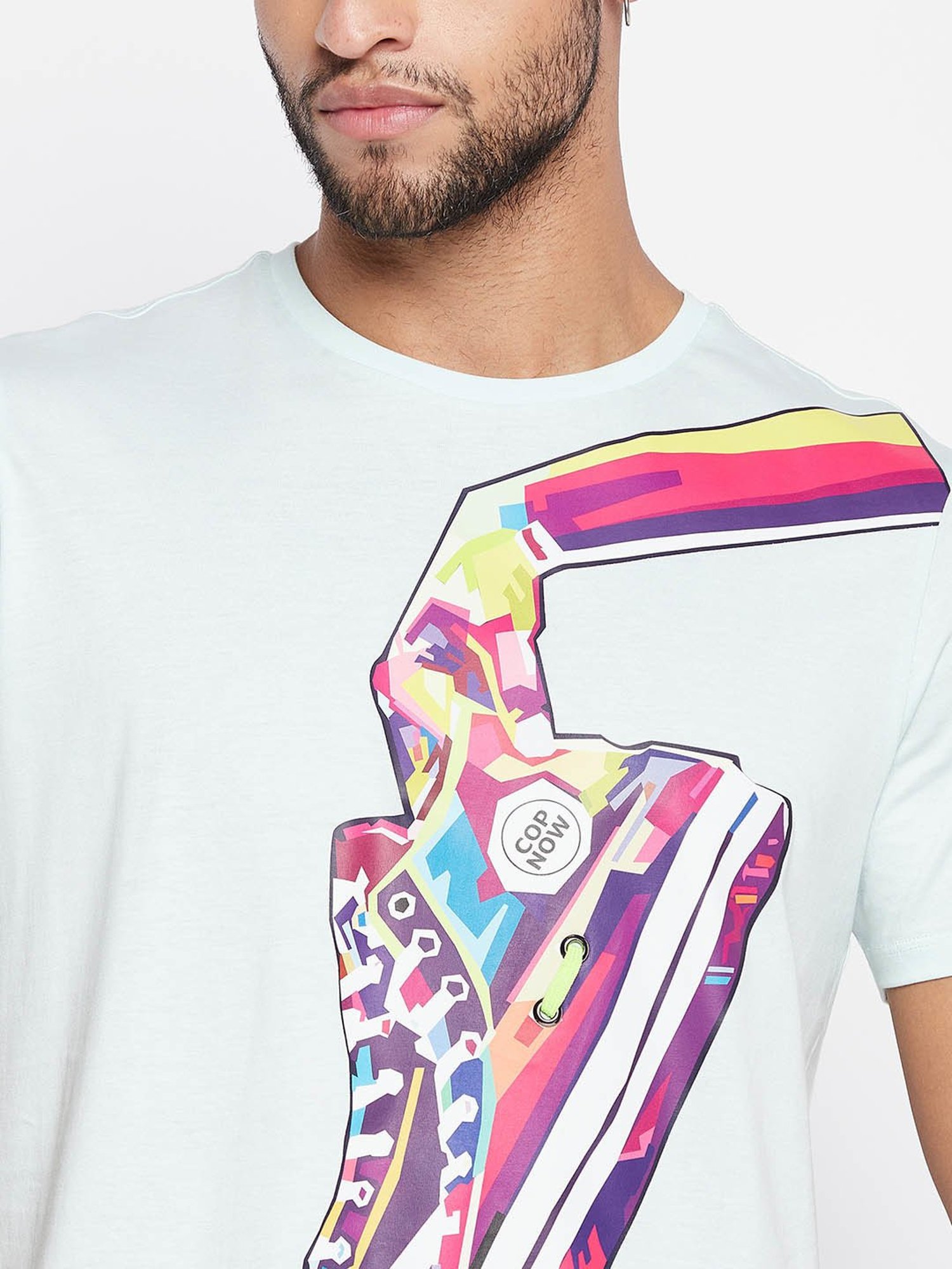 EDRIO Light Blue Regular Fit Printed T-Shirt