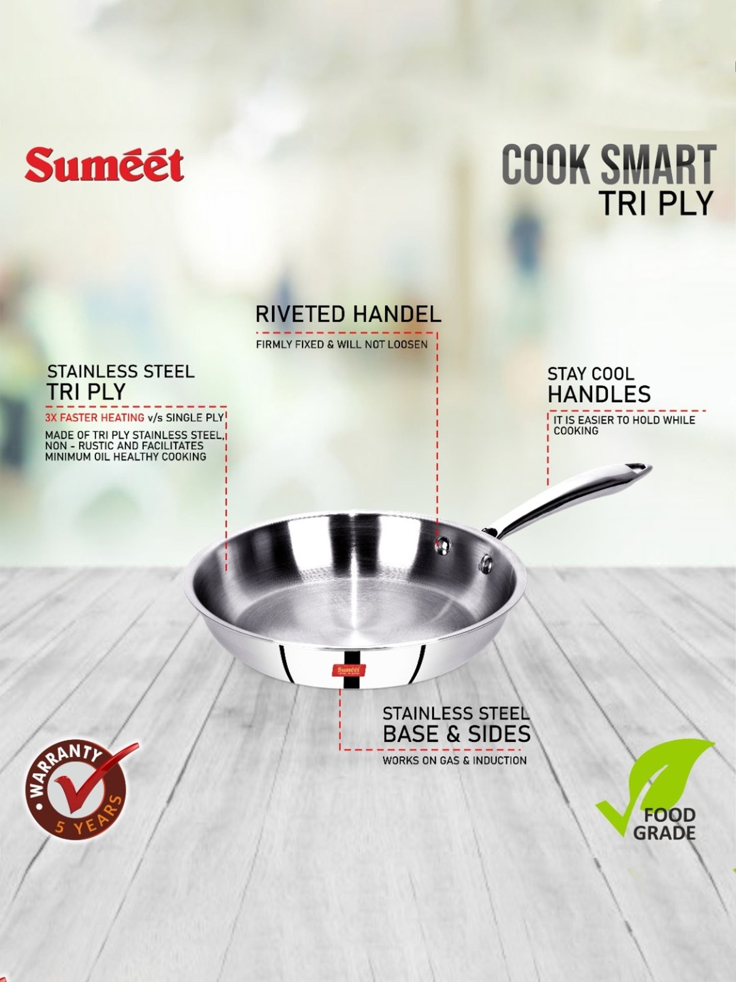 Sumeet Cook Smart TriPly SAS (Steel-Aluminium-Steel - 3 Layers) Fry Pan - 1.4 Ltr - 23.6Cm