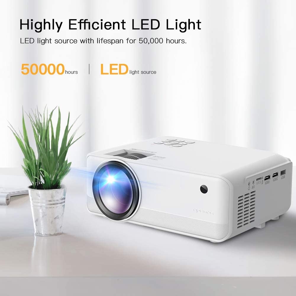 Mini Projector, APEMAN 5000 Lumen 1080P Supported Projector, 200'' Display 50000 Hrs LED Life, Dual Speakers Portable Projector, Compatible with HDMI, USB, VGA, TF, PS4, Laptop, DVD for Home Cinema