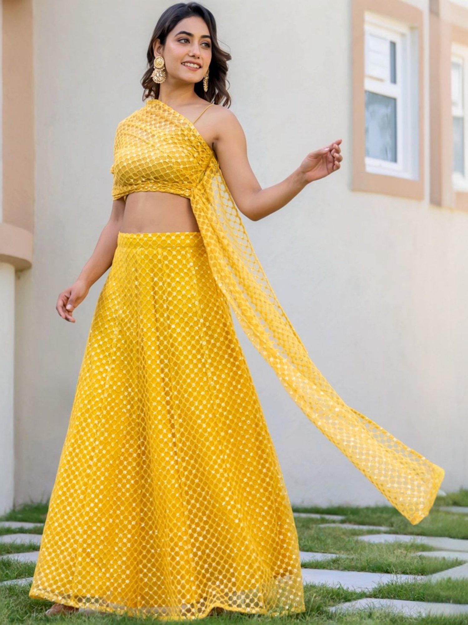 HOUSE OF JAMOTI Yellow Embellished Crop Top Skirt Set