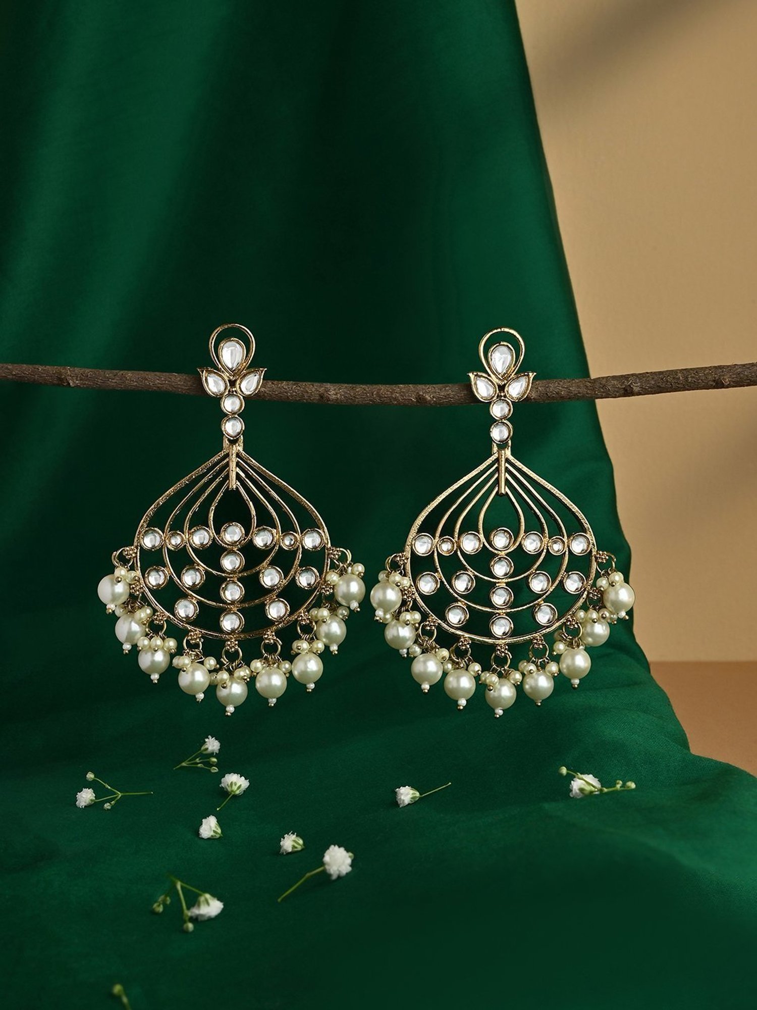 Fida Mehendi Gold & White Kundan Pearl Dangler Earrings for Women
