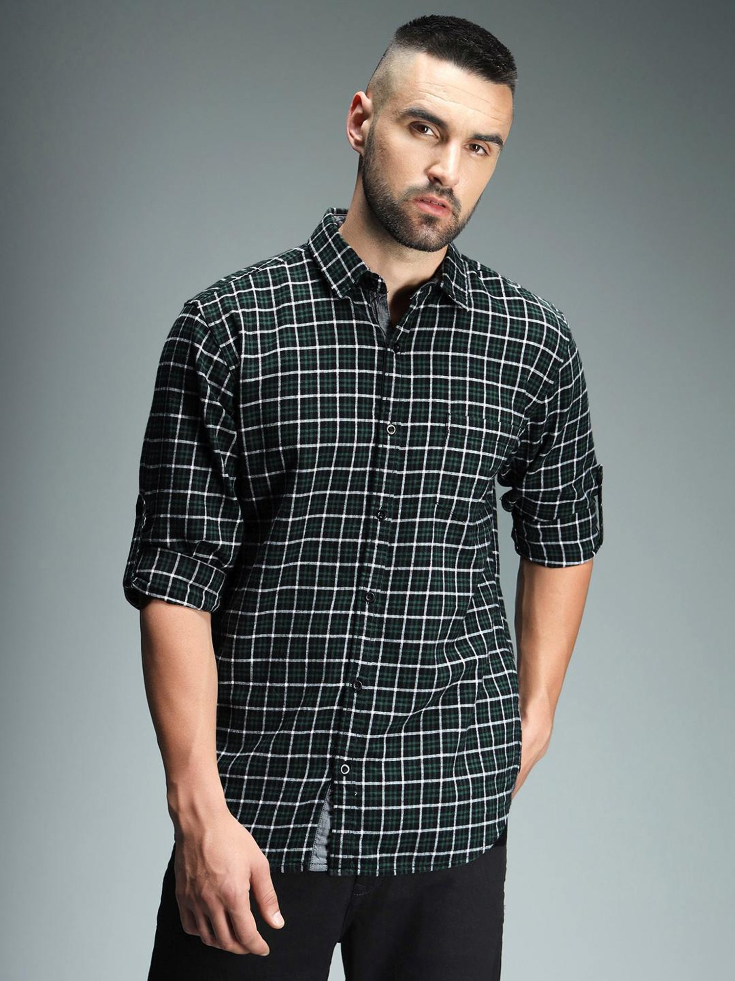 High Star Green Cotton Regular Fit Checks Shirt