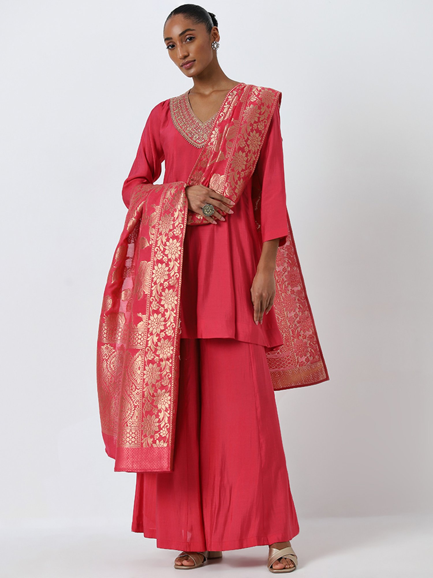 Vark by Westside Dark Pink Embellished Kurti, Palazzos and Dupatta Set