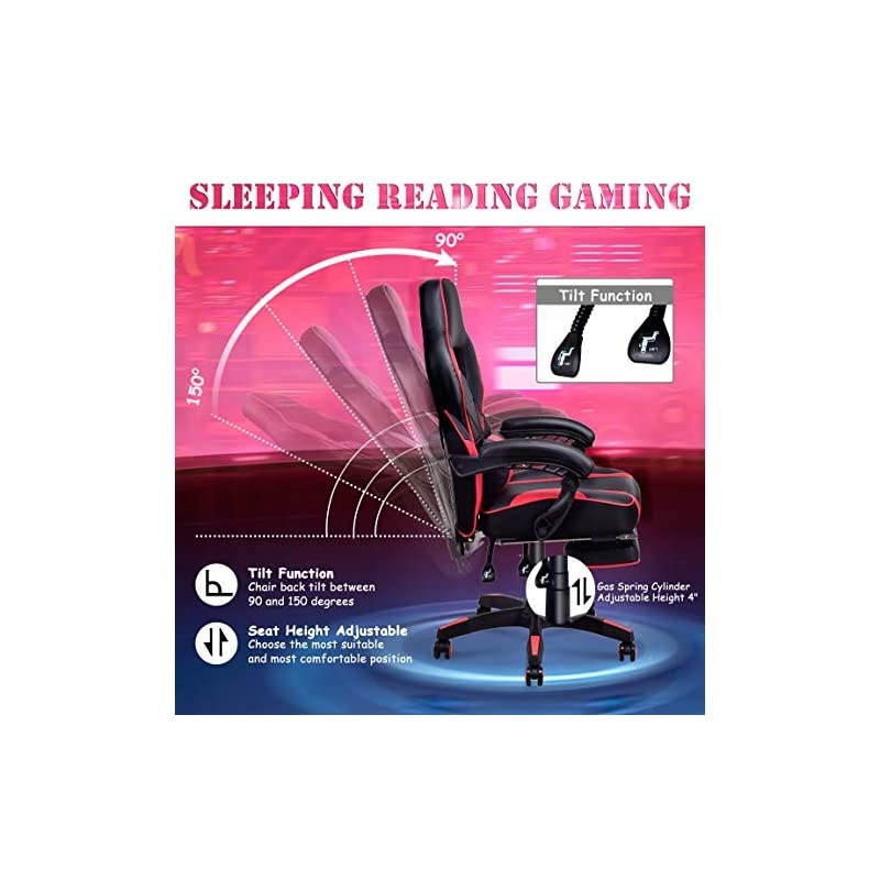 Ergonomic Gaming Chair, Executive Computer Office Chair with USB Massage Lumbar Cushion and Retractable Footrest, High Back Swivel Chair with Backrest and Height Adjustable (Red)