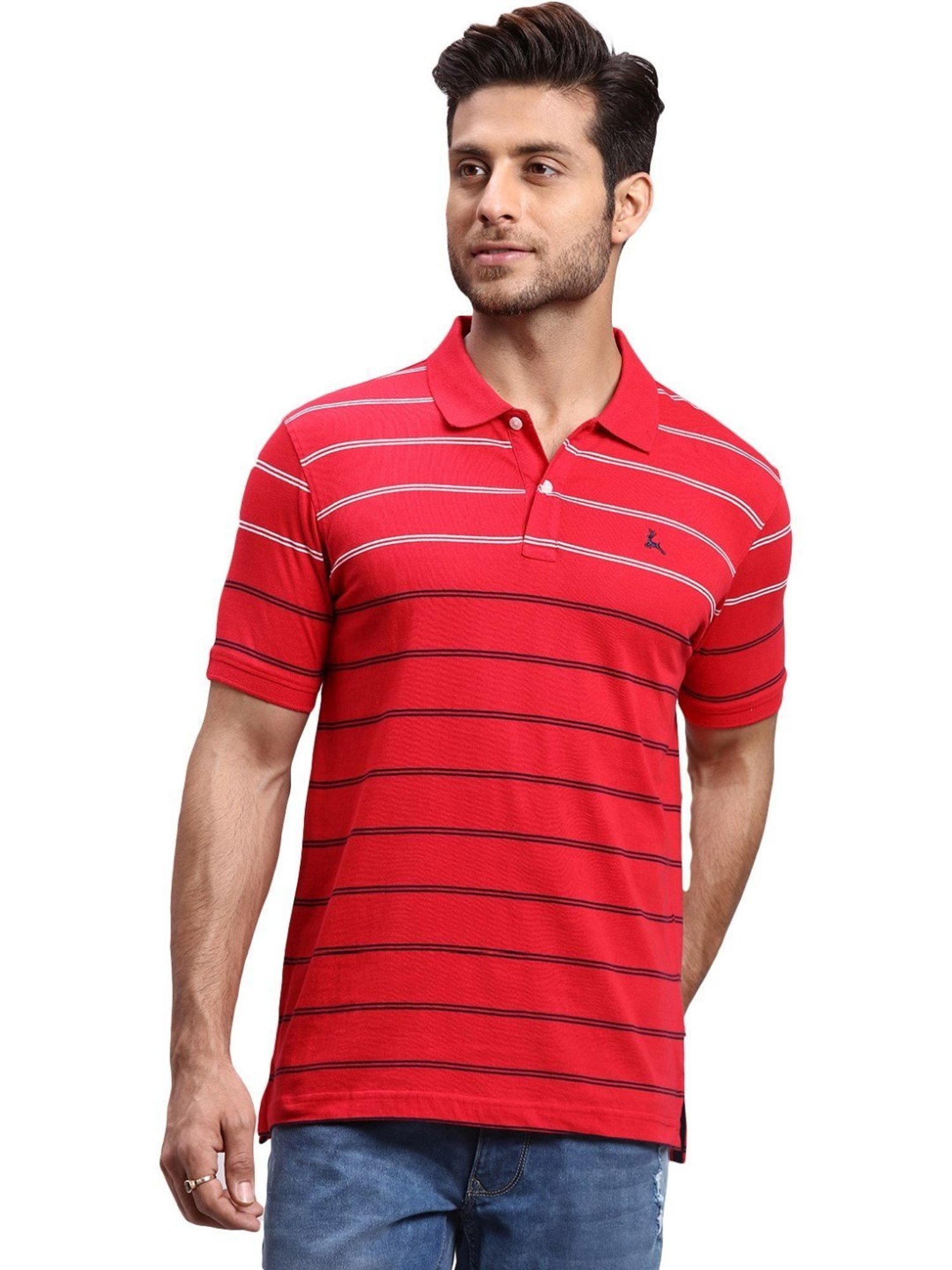 Parx Red Regular Fit Striped Polo T-Shirt