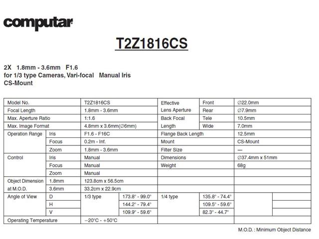 Computar Ganz High Quality CCTV Camera Lens T2Z1816CS 1/3" Super Wide 1.8-3.6mm f1.6 Varifocal, Manual Iris (CS Mount )