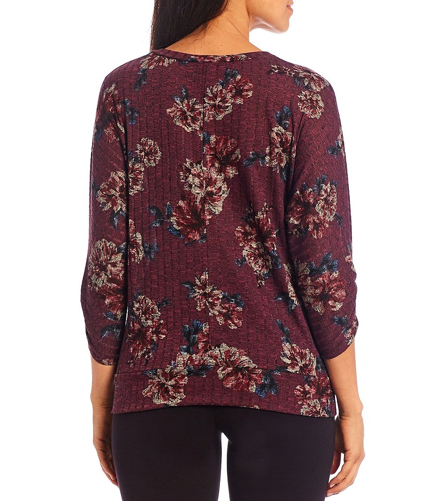 I.N. Studio V-Neck 3/4 Sleeve Floral Print Twist Front Top