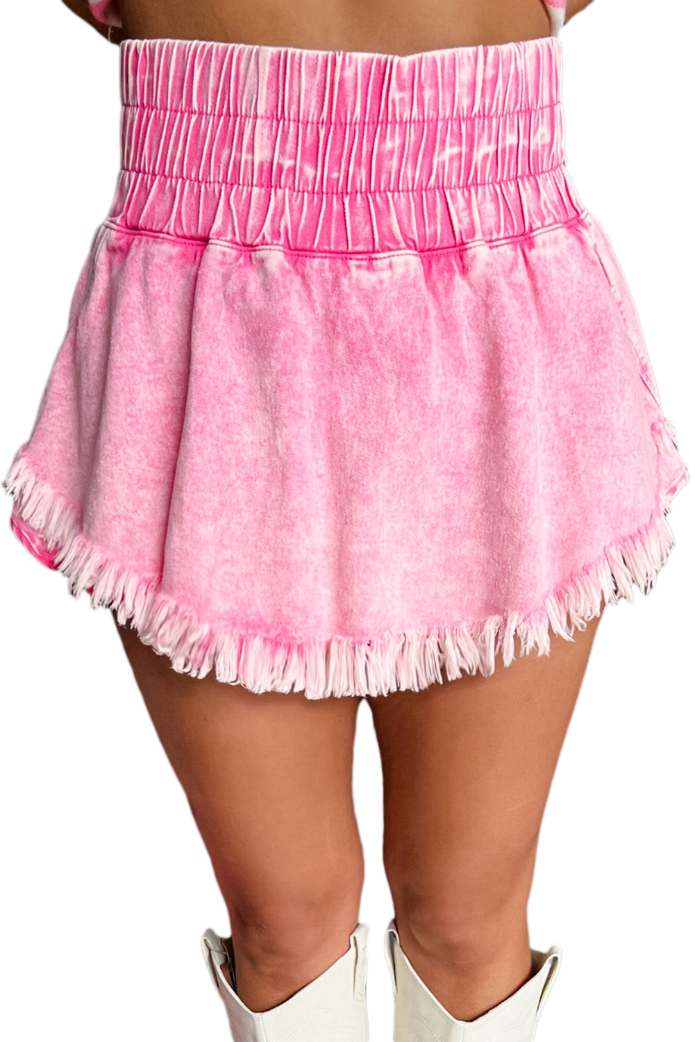 Pink Washed Smocked Waistband Frayed Denim Shorts
