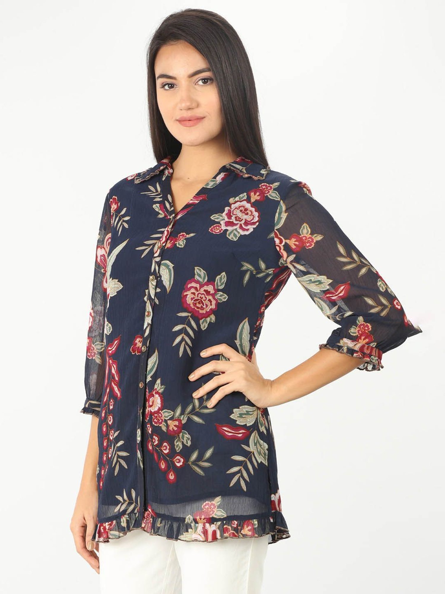 Mustard Navy Floral Print Shirt