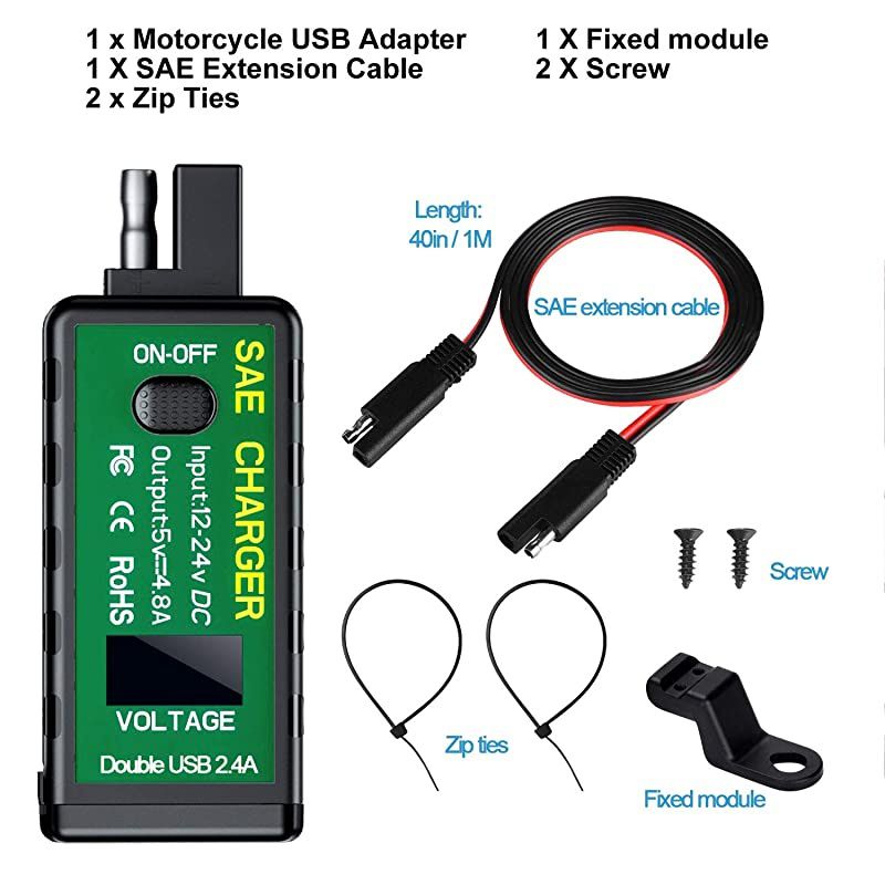 Upgraded Version  48A Motorcycle USB Charger SAE to USB Adapter with Voltmeter amp ONOff Switch 3 Install Options Waterproof Quick Disconnect Plug for Smart Phone Tablet GPS