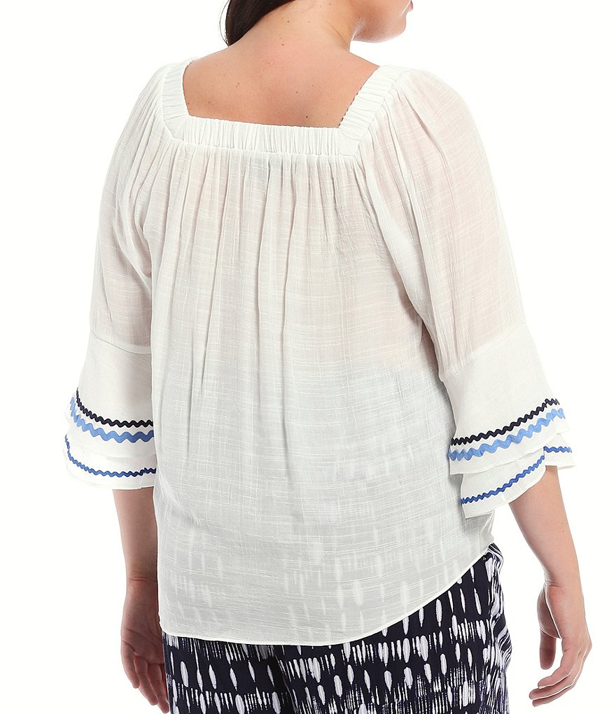 I.N. Studio Plus Size Gauzy Texture Square Neck 3/4 Bell Sleeve Tie-Front Top