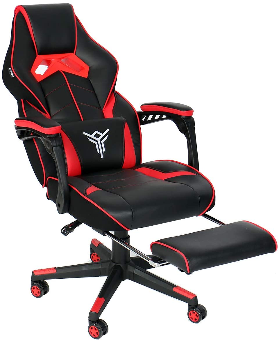 Racing Gaming Chair with Footrest and Massage Lumbar Pillow, Swivel Height Adjustable Reclining PU Leather Video Game Chair, E-Sports Gaming Chair Big and Tall