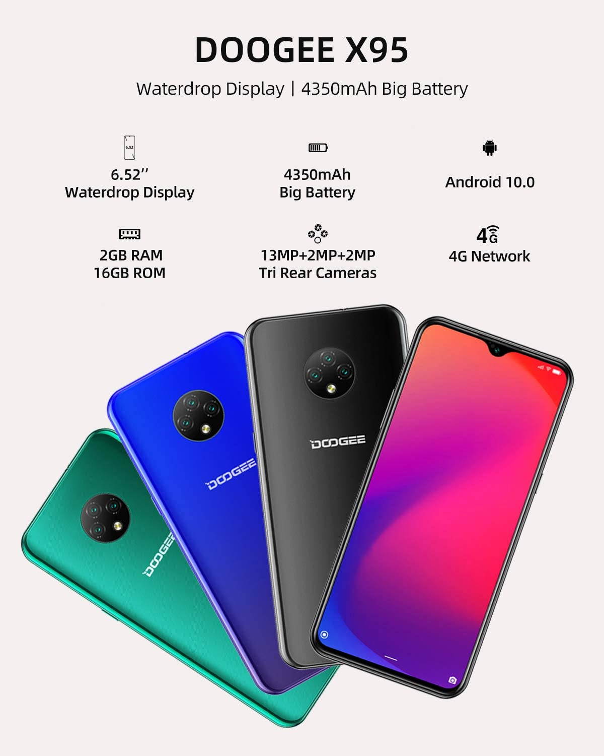Moviles Libres,DOOGEE X95 Smartphone Libre 2020, 6.52 Pulgadas 19.5:9 HD+ Pantalla 4G Telefonos, 4350mAh, 13MP+2MP+2MP+5MP, Android 10.0 Smartphone, 16GB ROM,128GB SD, Dual SIM Face ID