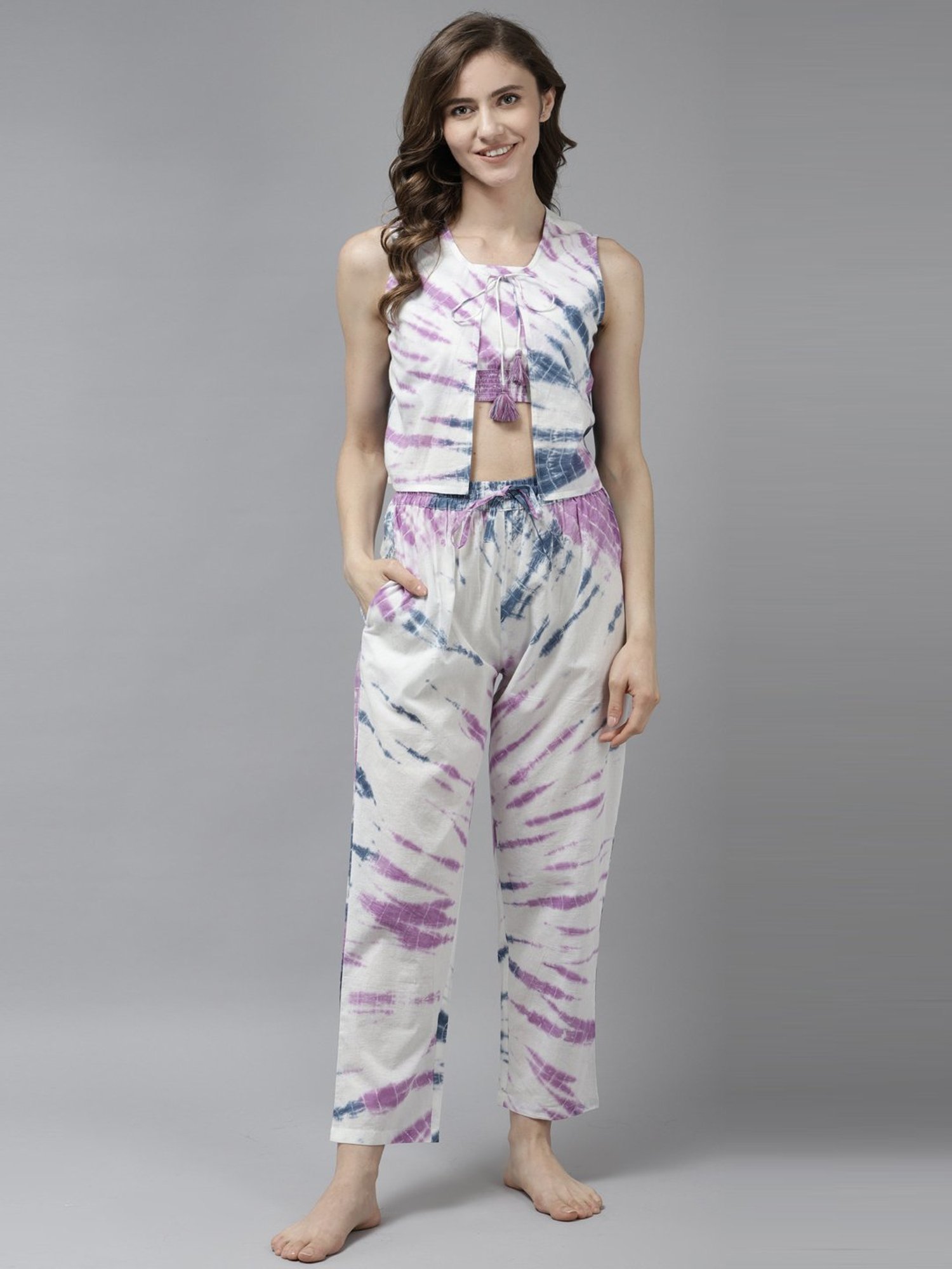 Prakrti White Cotton Printed Crop Top Pant Set
