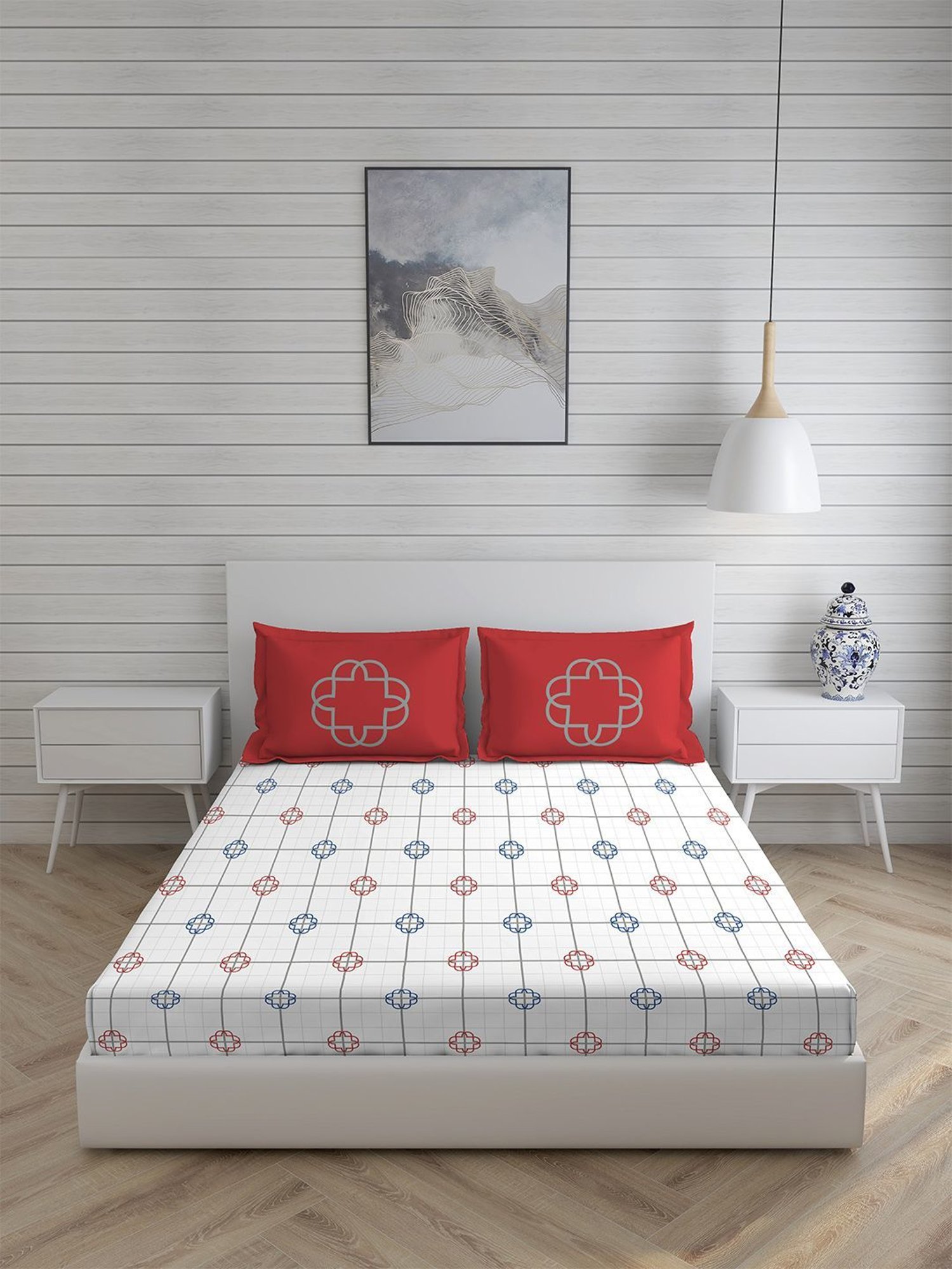 Boutique Living Signature Geometric Grey 300 TC Cotton King Bed Sheet with 2 Pillow Covers