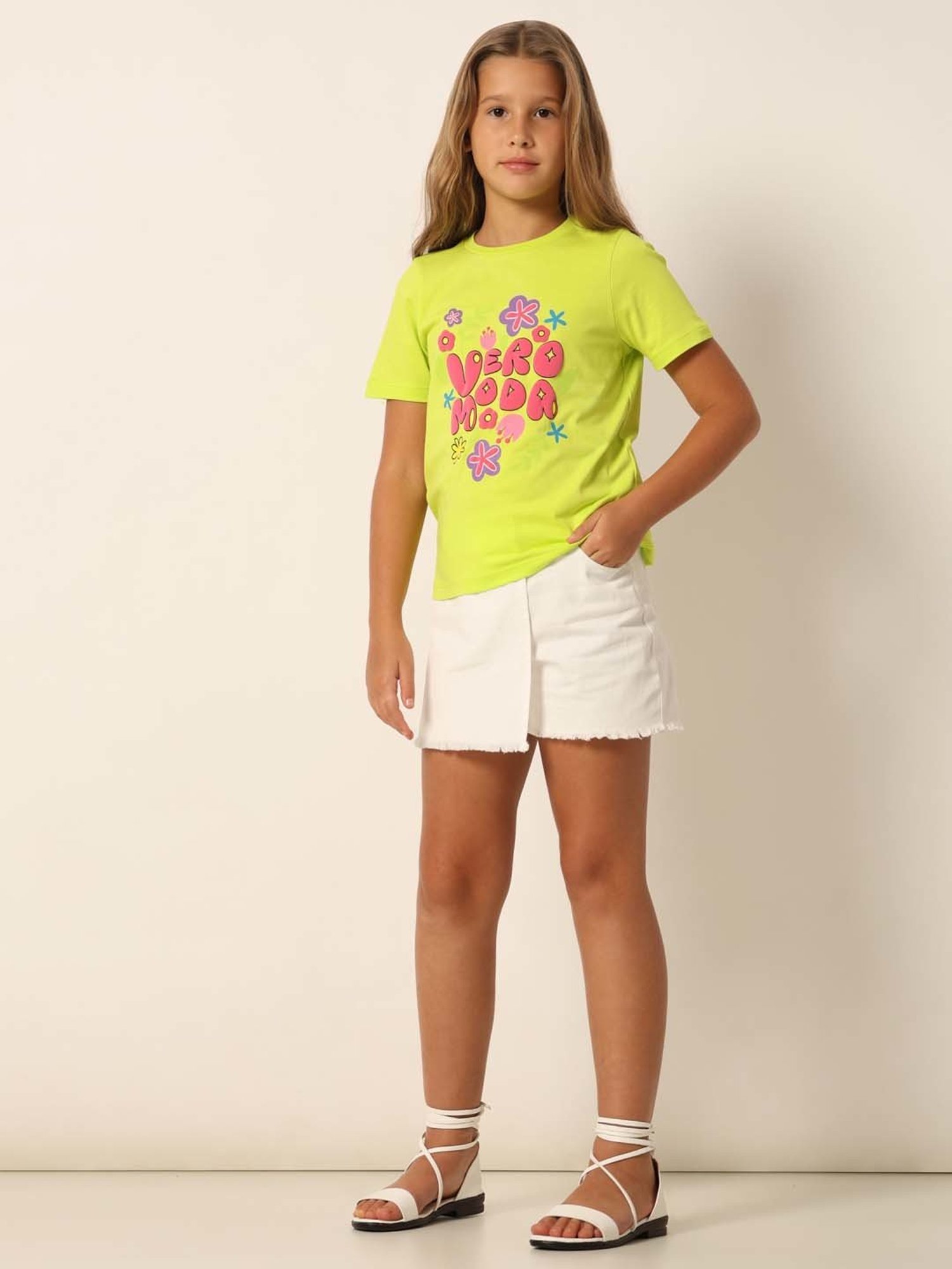 VERO MODA GIRL Lime Green Cotton Printed T-Shirt