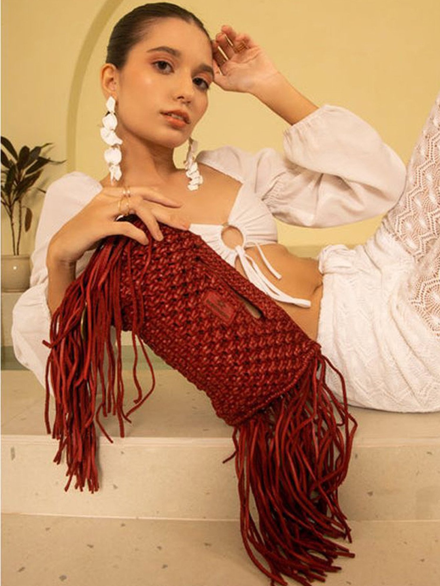 KOMPANERO Macrame Red Leather Textured Sling Handbag