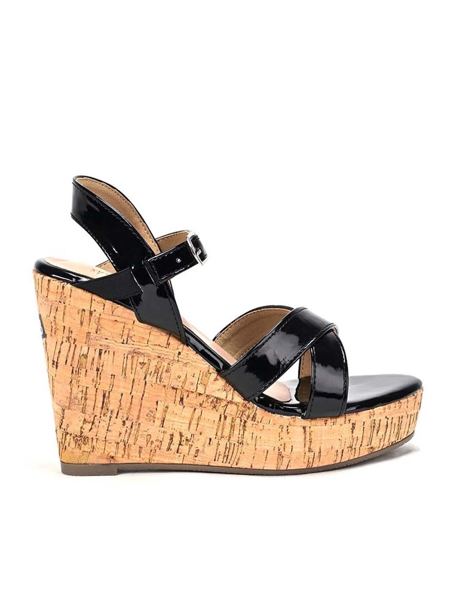 Scentra Women's Black Ankle Strap Wedges