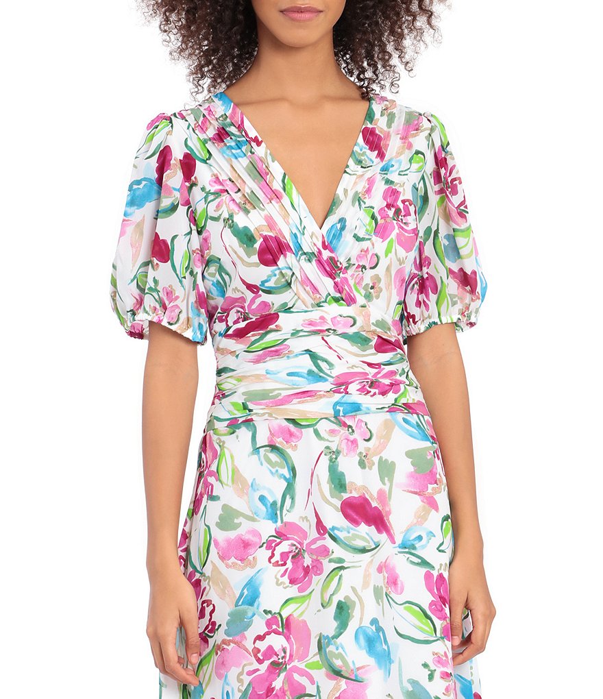 Maggy London Petite Size Floral Print V-Neck Ruched Waist Puffed Sleeve Midi Dress