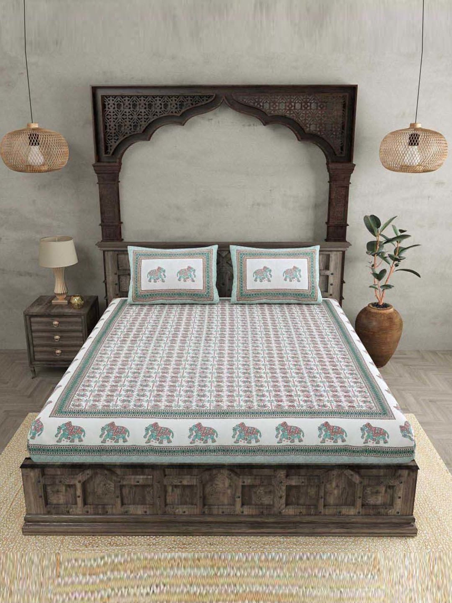 JaipurFabric Teal Cotton 180 TC Double Bedsheet with 2 Pillow Covers