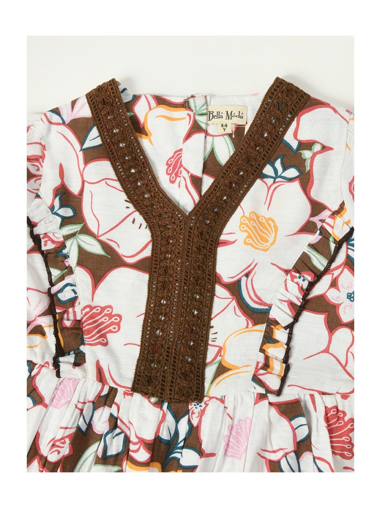 Bella Moda Kids White & Brown Floral Print Fit & Flare Dress