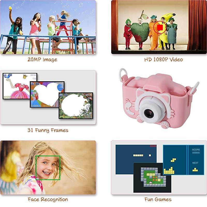 Kids Camera for Girls,  Digital Dual Camera, 2" IPS Screen HD 1080P Shockproof Children Video Camera Camcorder for Age 3-14 Years Old Girls Boys Christmas Birthday Party, Pink
