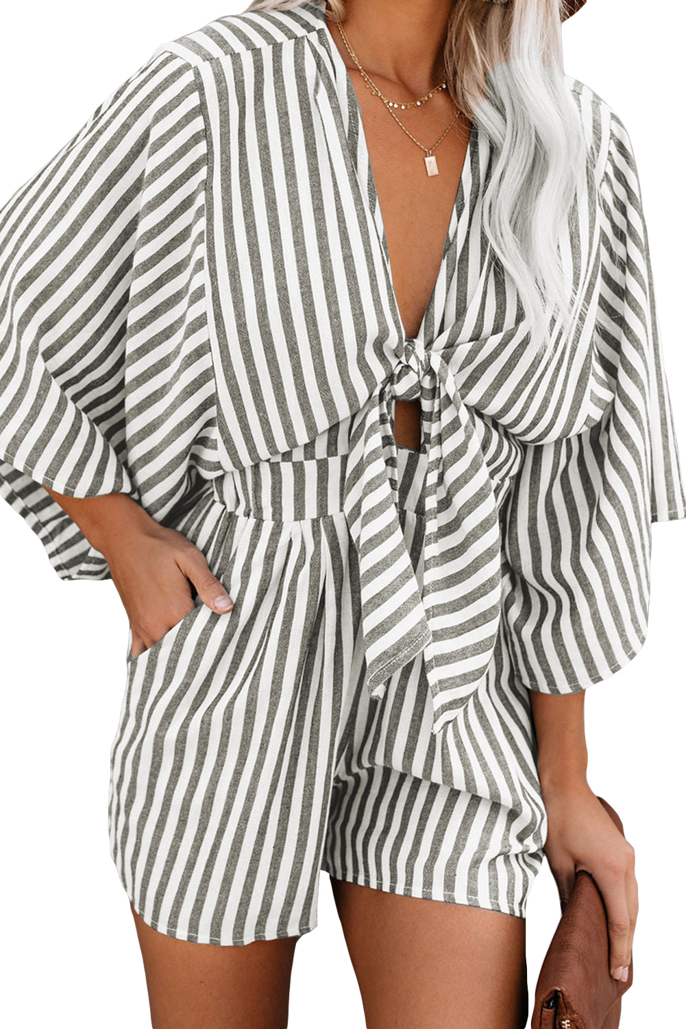 Grey Striped Print Tie Knot Front Romper With Pockets