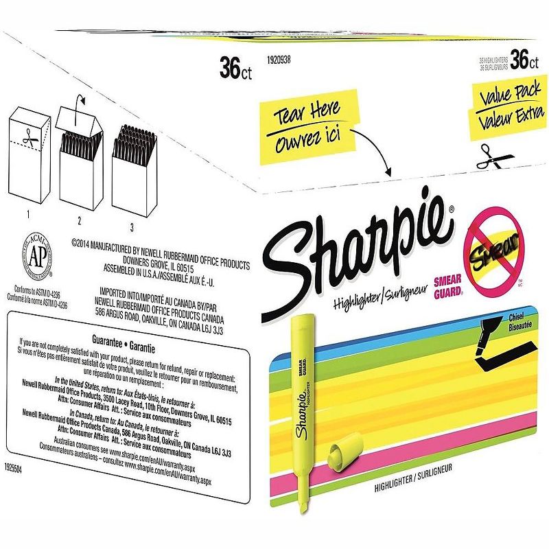 Sharpie Accent Tank Style Highlighter Chisel Tip Fluorescent Yellow 36/Box 1920938