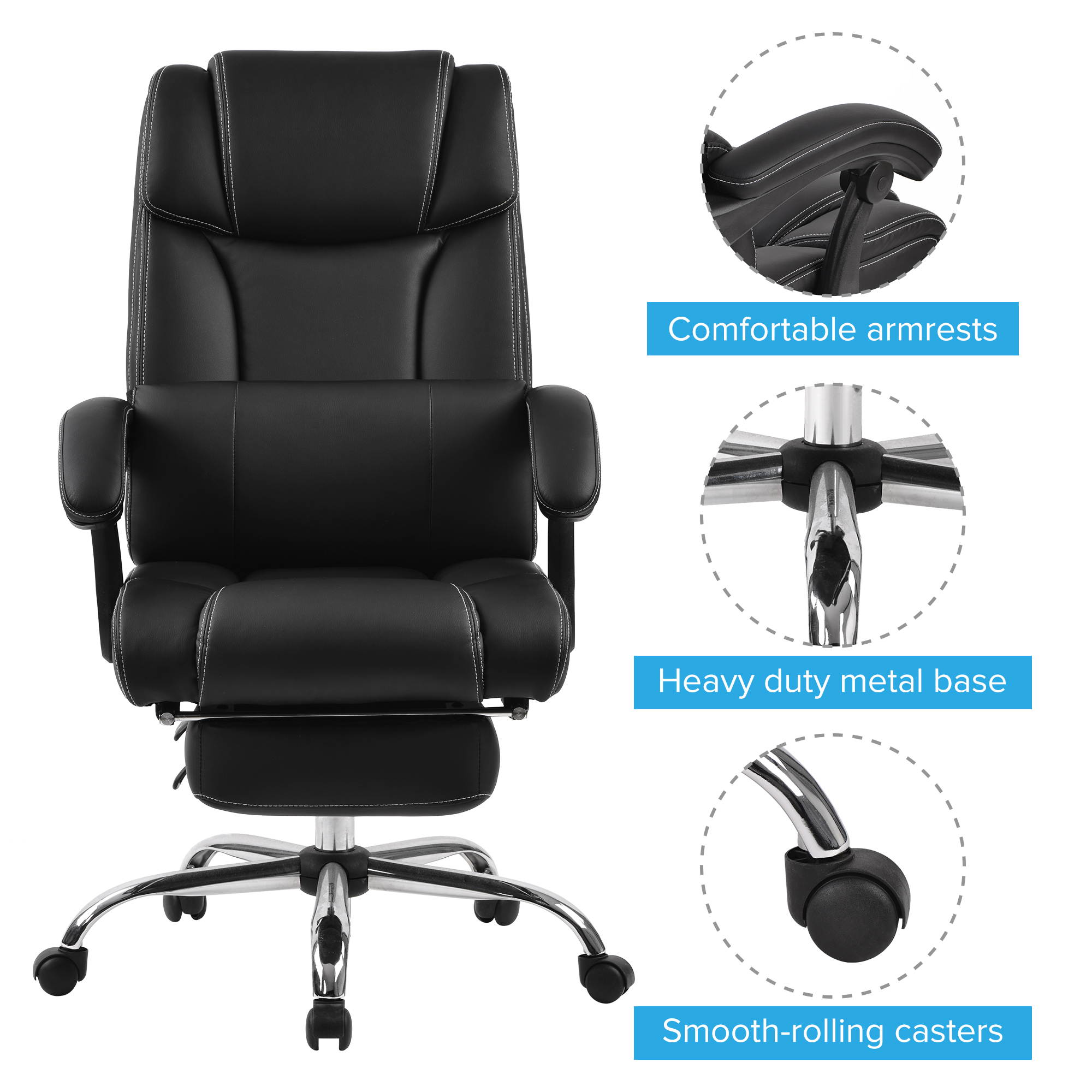 High Quality Home Office Chair PU Leather Double Padded Support Cushion and Footrest