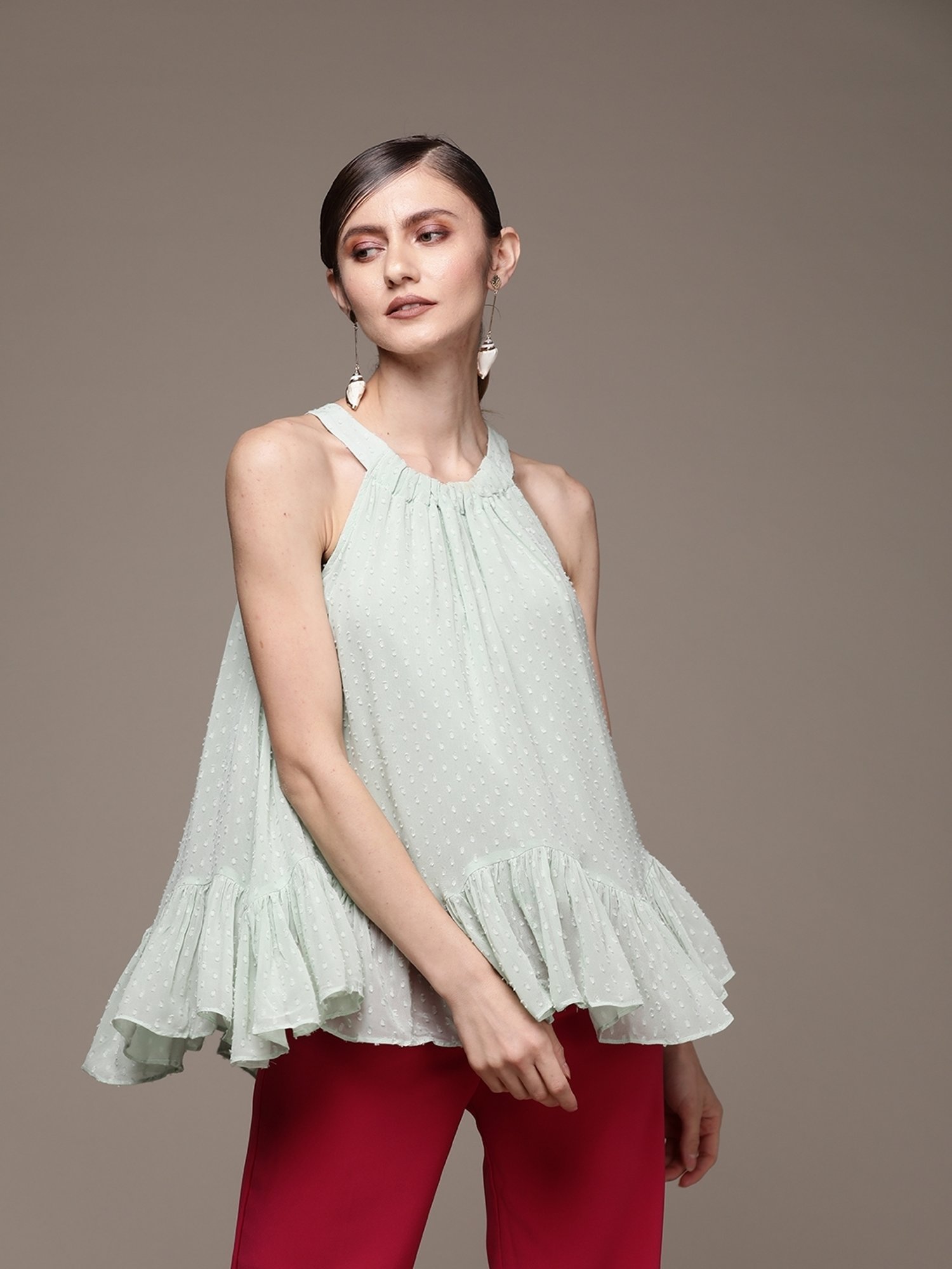 Label Ritu Kumar Mint Georgette Solid Halter Top