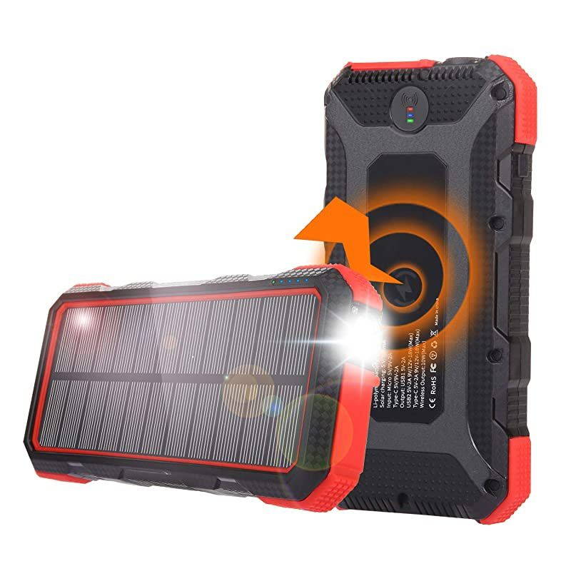 Solar Charger Power Bank 25000mAh with Flashlight  PD 18W Charging 7.5W/10W Wireless Portable Phone Charger 4 Output&2 Input Huge Capacity Backup Battery IP54 Rainproof for Camping Hiking
