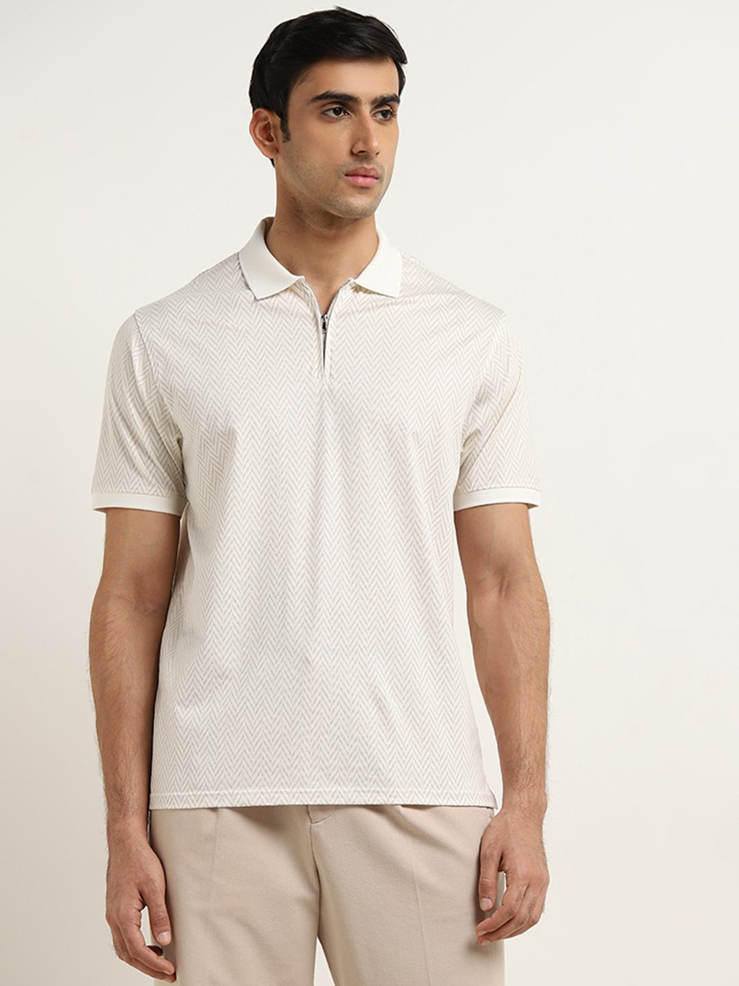 Ascot by Westside Light Beige Relaxed-Fit Polo Cotton Blend T-Shirt