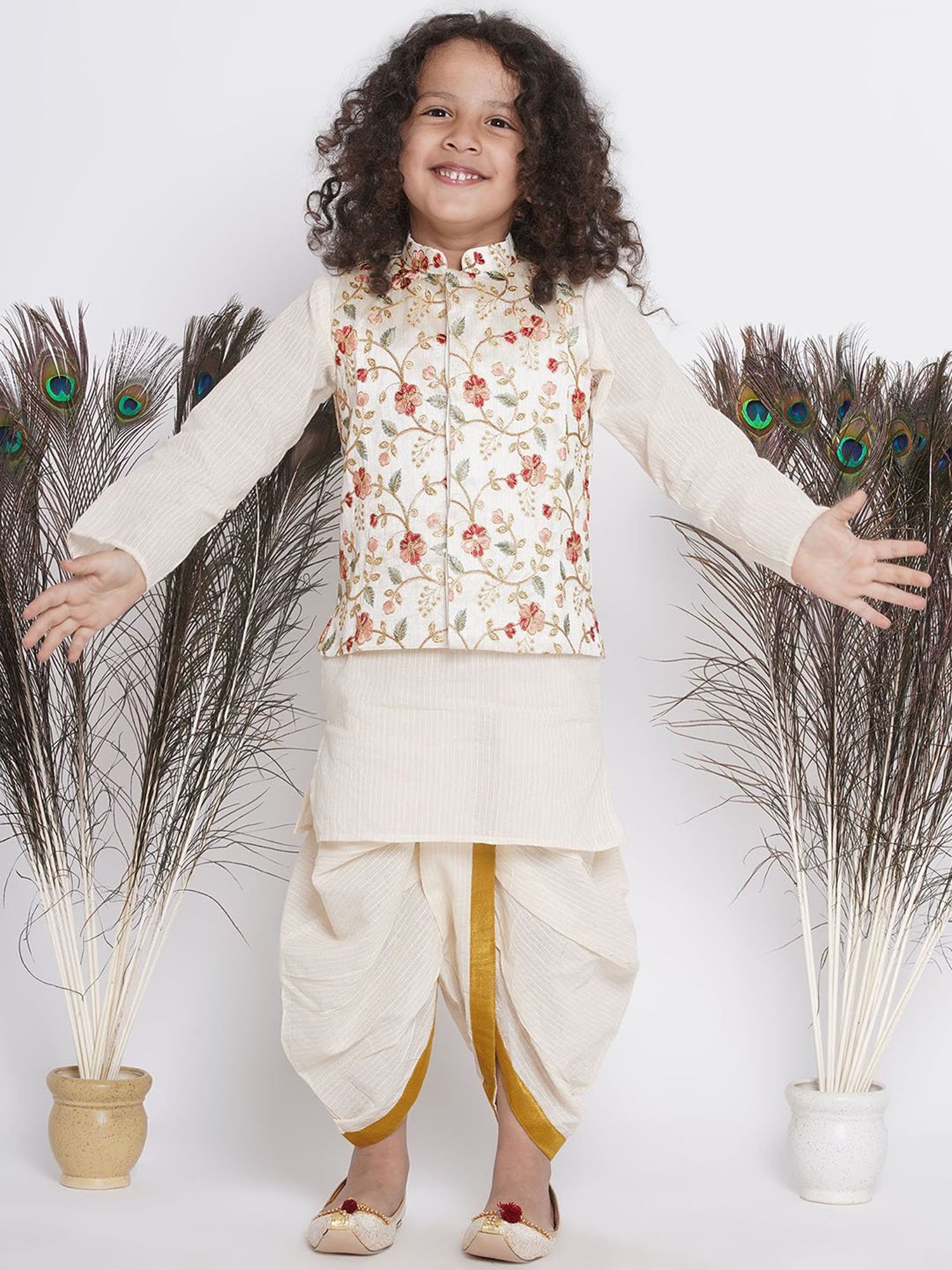Little Bansi Kids Cream Embroidered Full Sleeves Kurta , Jacket with Dhoti