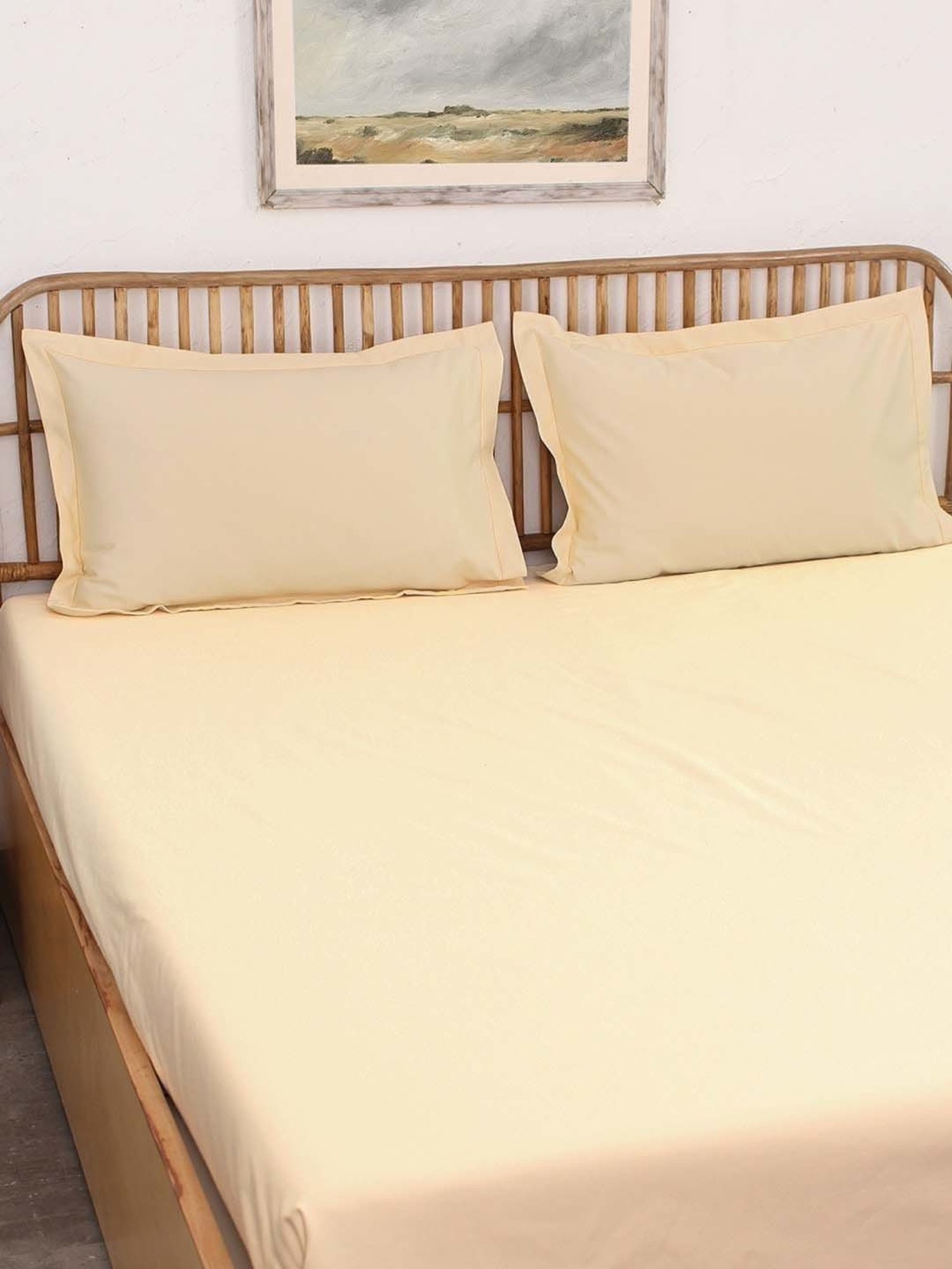 House This Ginger Beige Cotton 600 TC Double Size Bedsheet With Pillow Covers