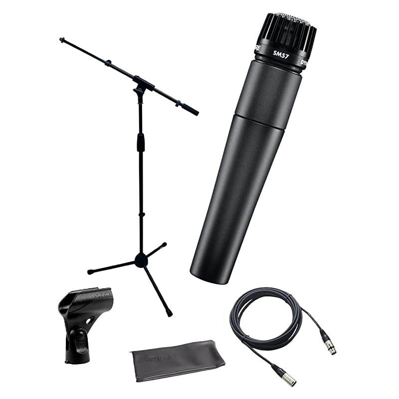 SM57-LC Instrument/Vocal Cardioid Dynamic Microphone Bundle with Mic Boom Stand, XLR Cable, Mic Clip, and Bag