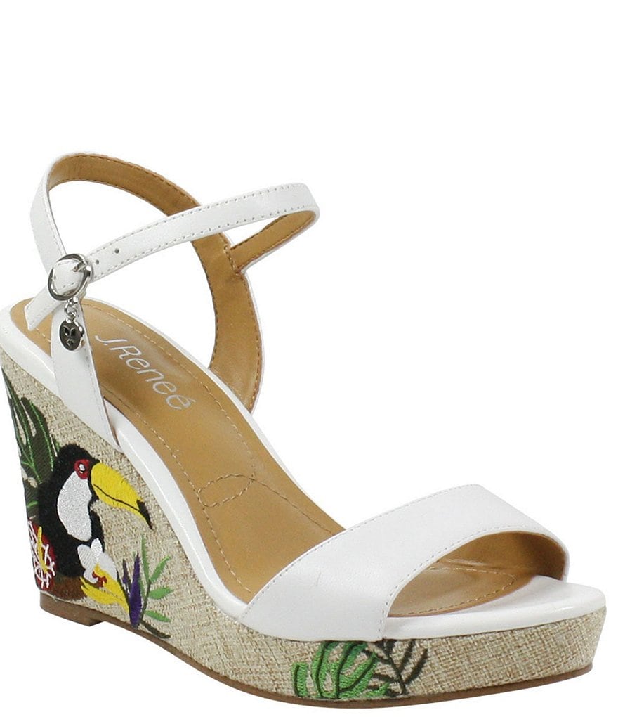 J. Renee Triella Leather Toucan Embroidered Platform Wedge Sandals