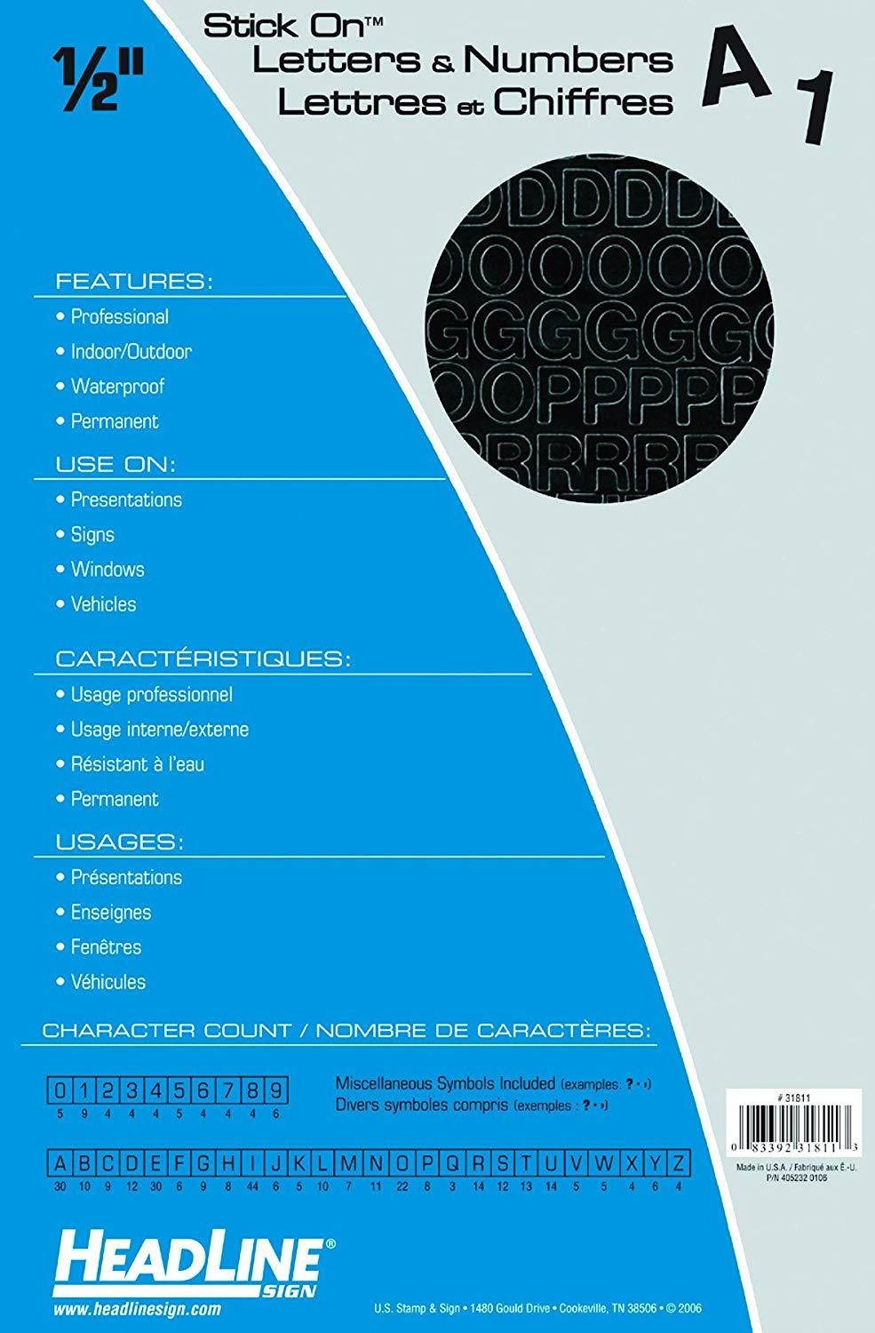 Headline Sign 31811 Stick-On Vinyl Letters and Numbers, Black, 1/2-Inch