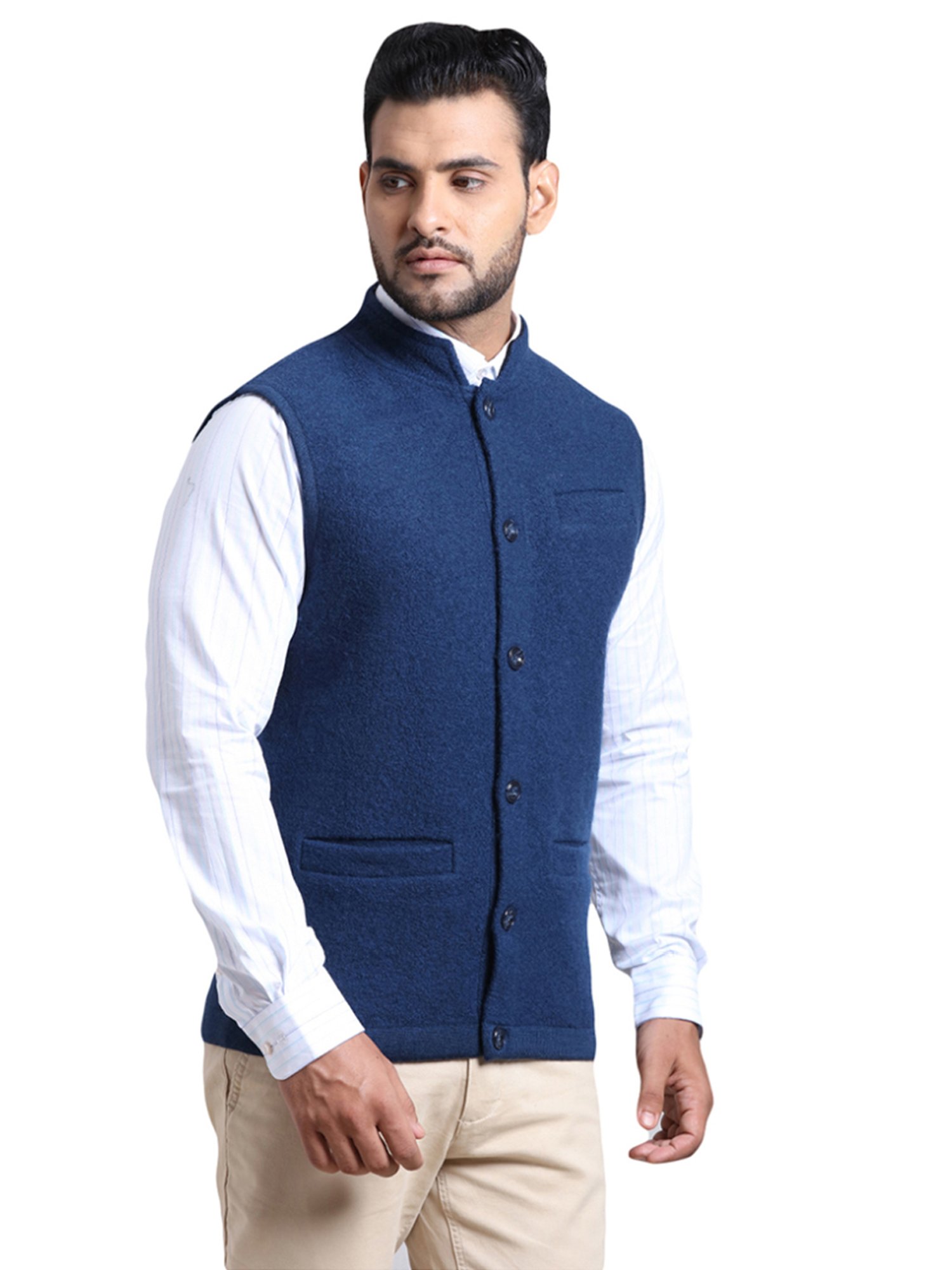 ColorPlus Blue Tailored Fit Self Pattern Nehru Jacket