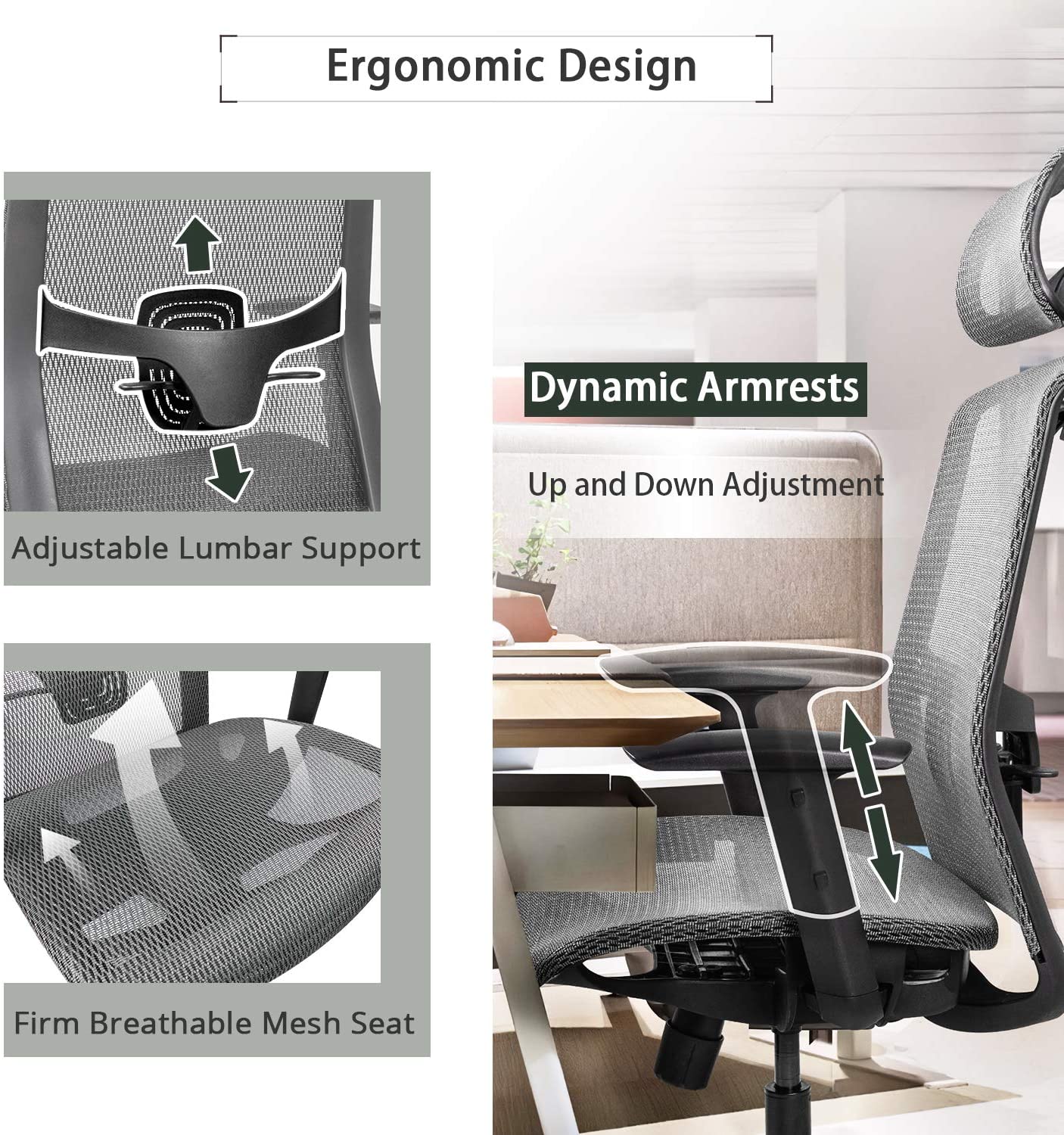 Furmax Ergonomic Office Chair Executive Chair with Mesh Seat High Back Computer Desk Chair with Adjustable Headrest Lumbar Support Armrest Rolling Task Chair with Clothes Hanger (Black)