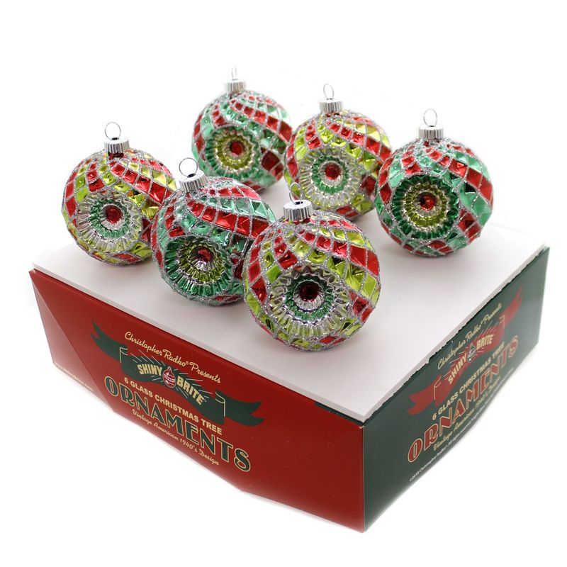 Shiny Brite 3.25" Hs Dec. Rounds W/Reflectors Red Green Silver  -  Ornament Sets