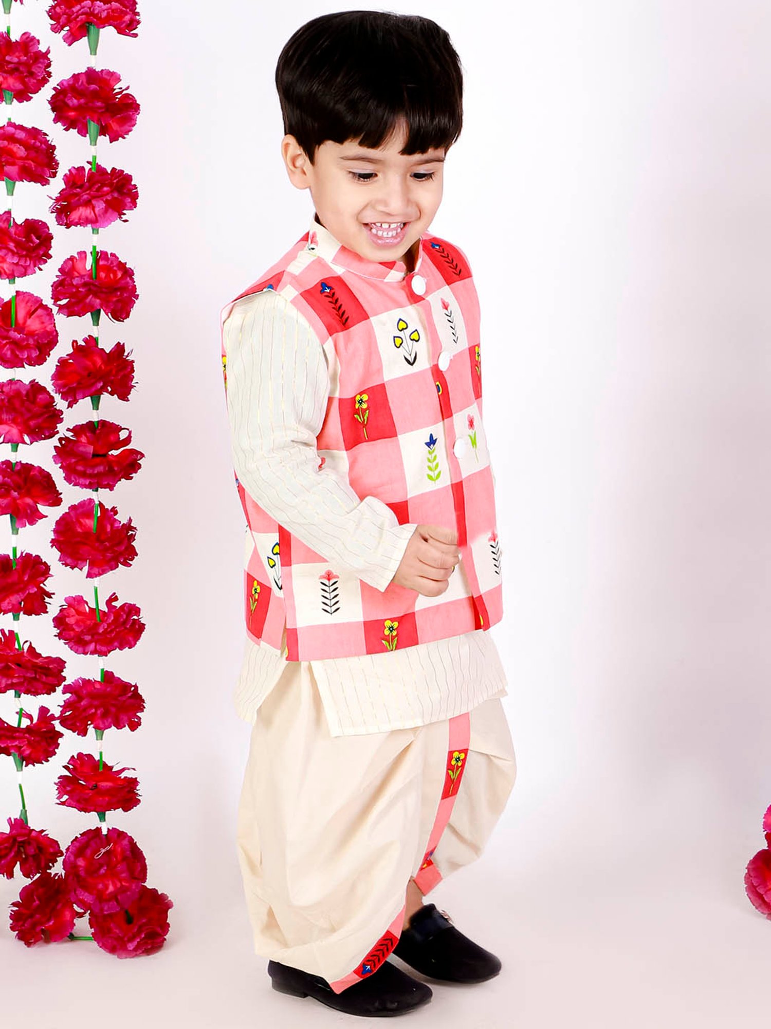 Little Bansi Kids Cream & Red Printed Kurta, Dhotis with Jacket