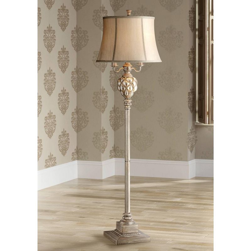 Barnes and Ivy Traditional Floor Lamp with Nightlight LED Olde Silver Mercury Glass Faux Silk Bell Shade for Living Room Reading