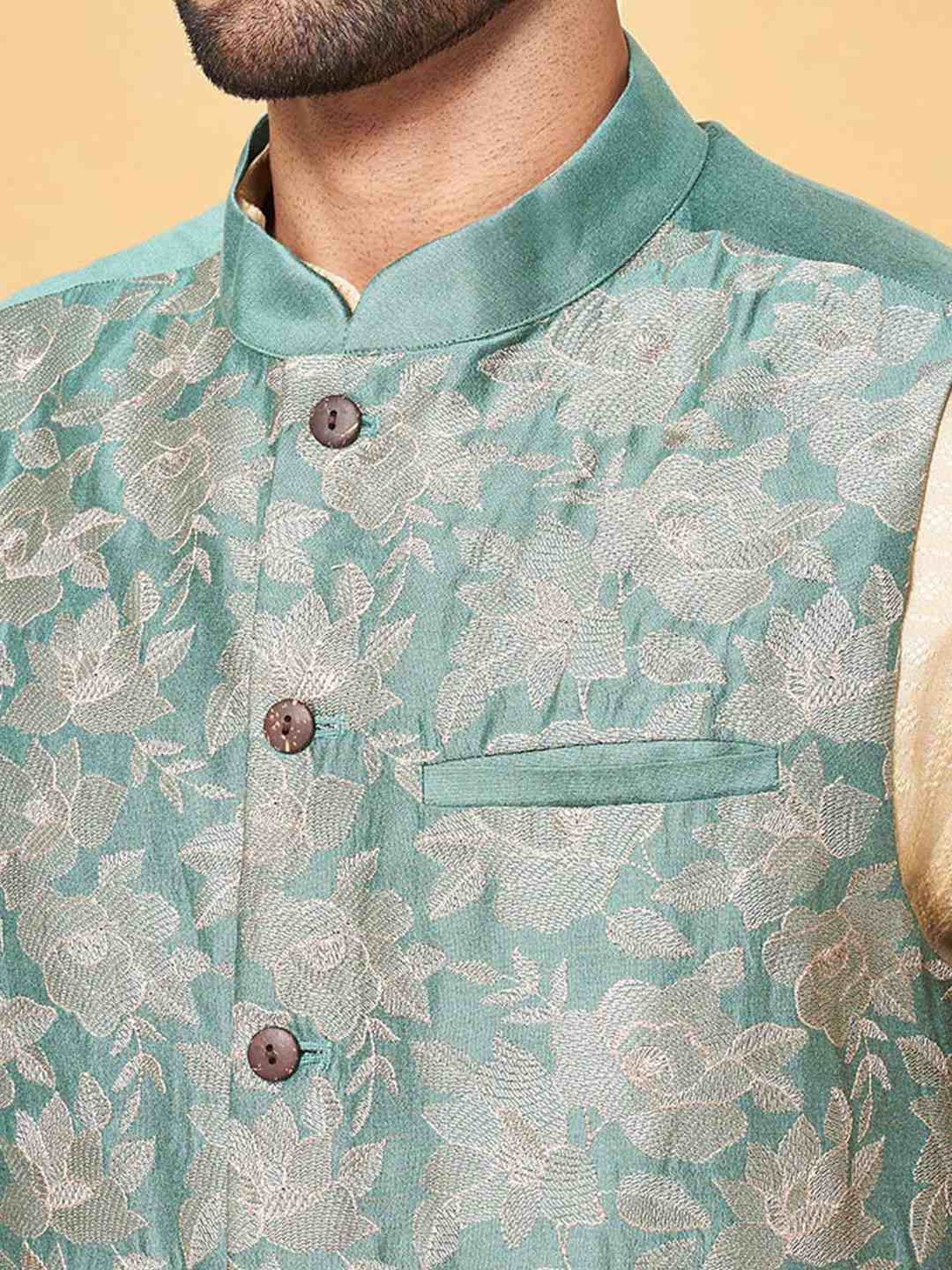Indus Route by Pantaloons Sage Green Regular Fit Embroidered Nehru Jacket