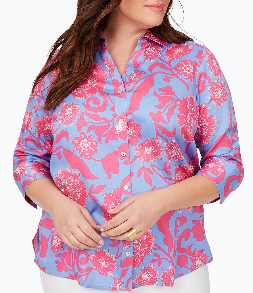 Foxcroft Plus Size Mary Paradise Floral Button Front Point Collar Neck 3/4 Sleeve Shirt